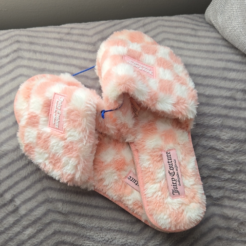 🤍🩷Juicy Couture Checkered Pink and White Slippers SIZE XL 11